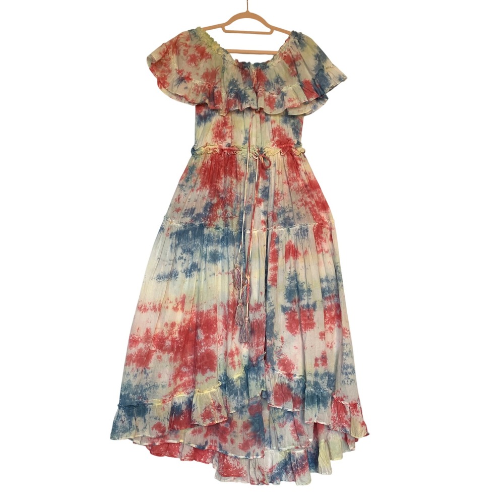 Nazila Couture size Medium Tie Dye Gauze Maxi Dress Boho Tassels Cottagecore NWT